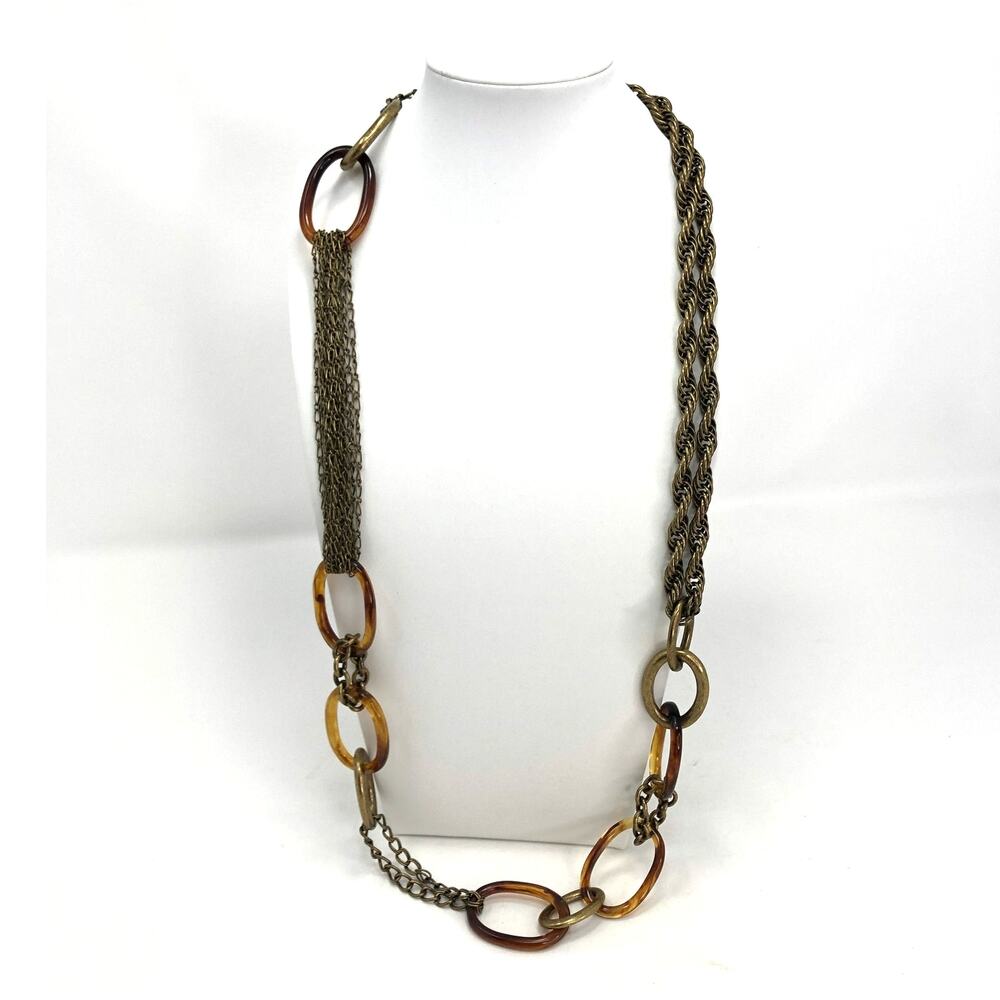 Talbots Opera Necklace Chunky Brass-Tone Braided Chain Links